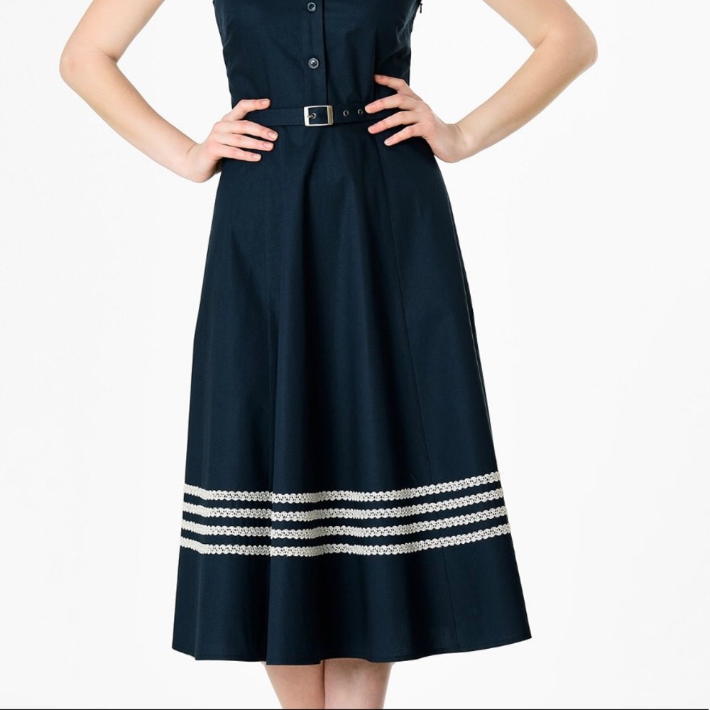 NWOT eShakti Navy Cotton Poplin Dress with White Braid Trim | XL